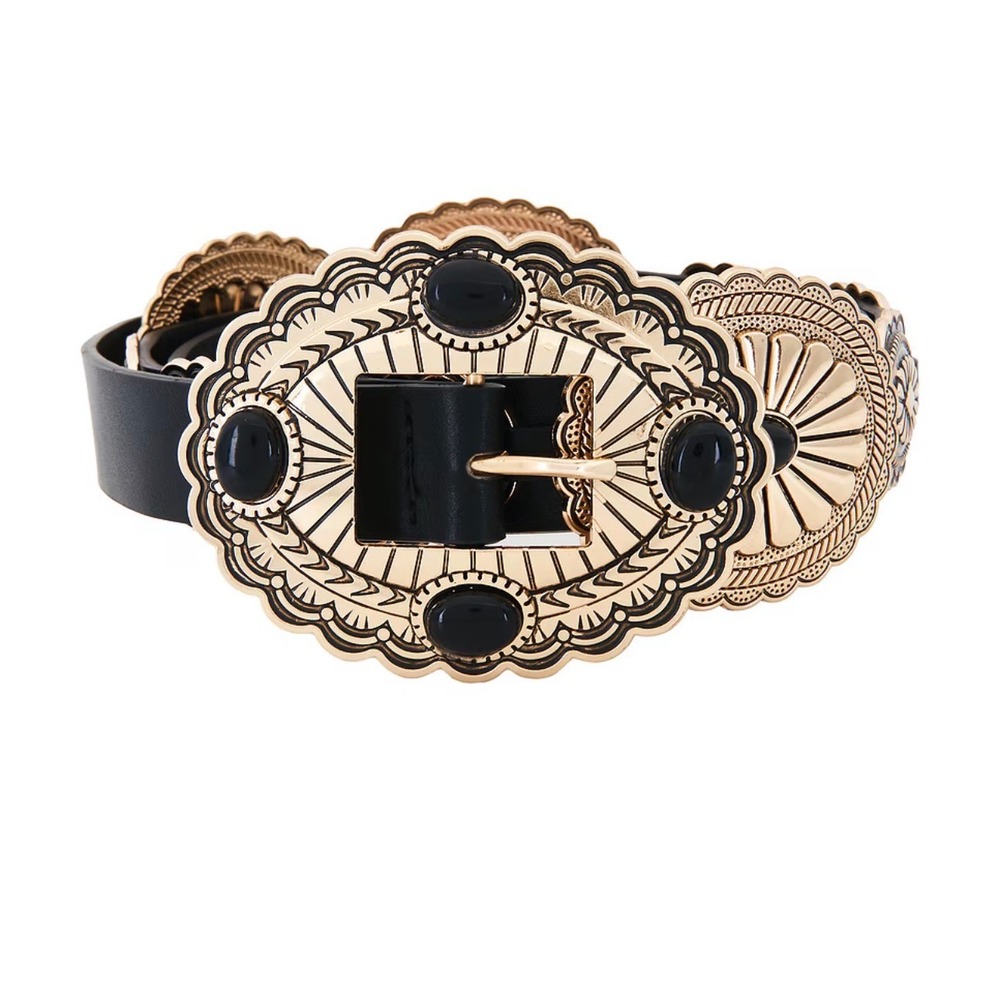 Lovers & Friends Gypsy Buckle Belt Black Gold Western Concho One Size best to 32